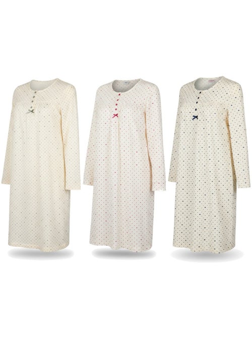 Ozabi chemise de nuit femme pack de 3, coton manches longues, col rond 4 boutons - Kiabi Ozabi chemise de nuit femme pack de 3, coton manches longues, col rond 4 boutons - Kiabi