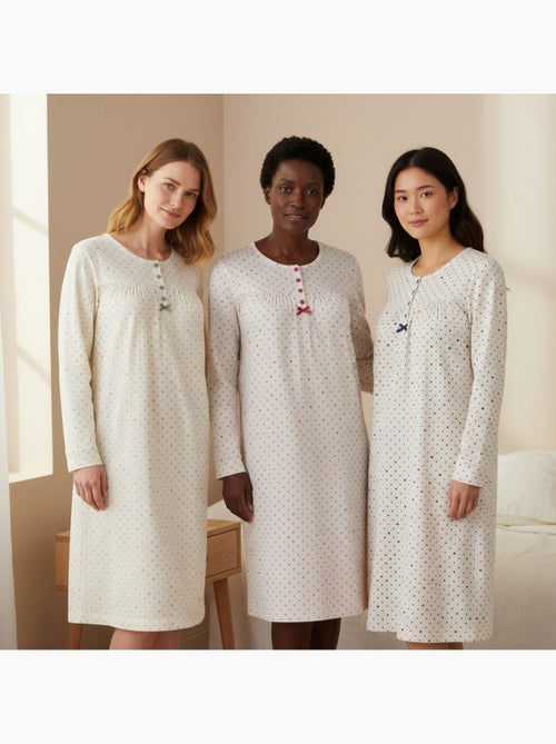 Ozabi chemise de nuit femme pack de 3, coton manches longues, col rond 4 boutons - Kiabi Ozabi chemise de nuit femme pack de 3, coton manches longues, col rond 4 boutons - Kiabi