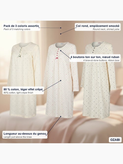 Ozabi chemise de nuit femme pack de 3, coton manches longues, col rond 4 boutons - Kiabi Ozabi chemise de nuit femme pack de 3, coton manches longues, col rond 4 boutons - Kiabi