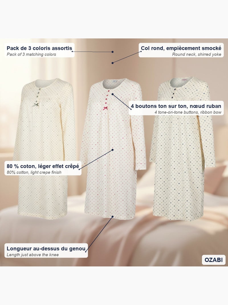 Ozabi chemise de nuit femme pack de 3, coton manches longues, col rond 4 boutons Bleu Rose - Kiabi
