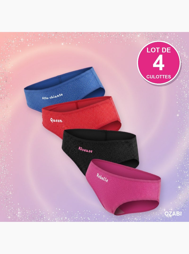 Ozabi culottes fille message humoristique pois pailletés - pack de 4 (lot) Bleu Rouge Noir - Kiabi