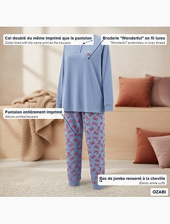 Ozabi ensemble pyjama femme coton doublé polaire broderie lurex