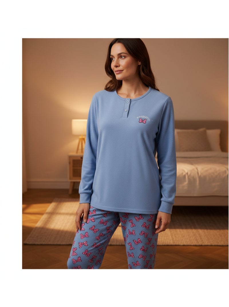 Ozabi ensemble pyjama femme coton doublé polaire broderie lurex Bleu - Kiabi