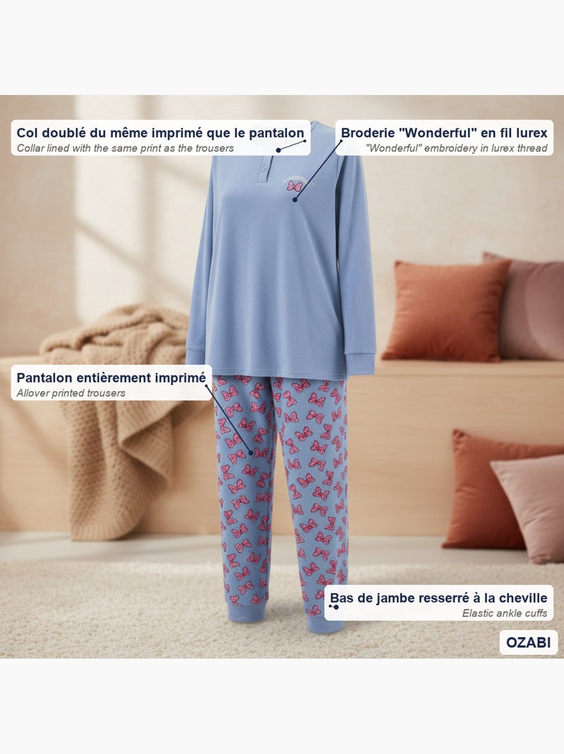 Ozabi ensemble pyjama femme coton doublé polaire broderie lurex Bleu - Kiabi