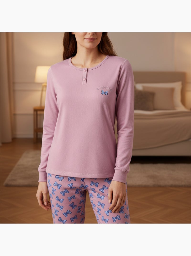 Ozabi ensemble pyjama femme coton doublé polaire broderie lurex Rose - Kiabi