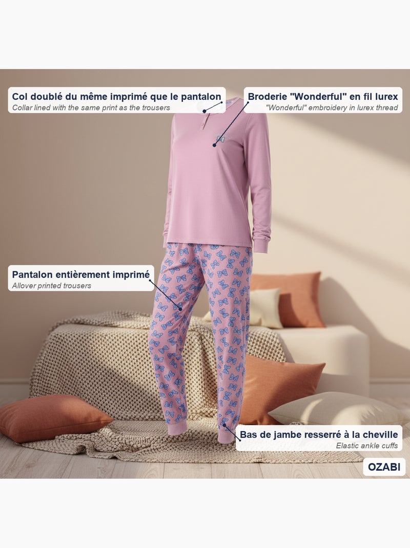 Ozabi ensemble pyjama femme coton doublé polaire broderie lurex Rose - Kiabi
