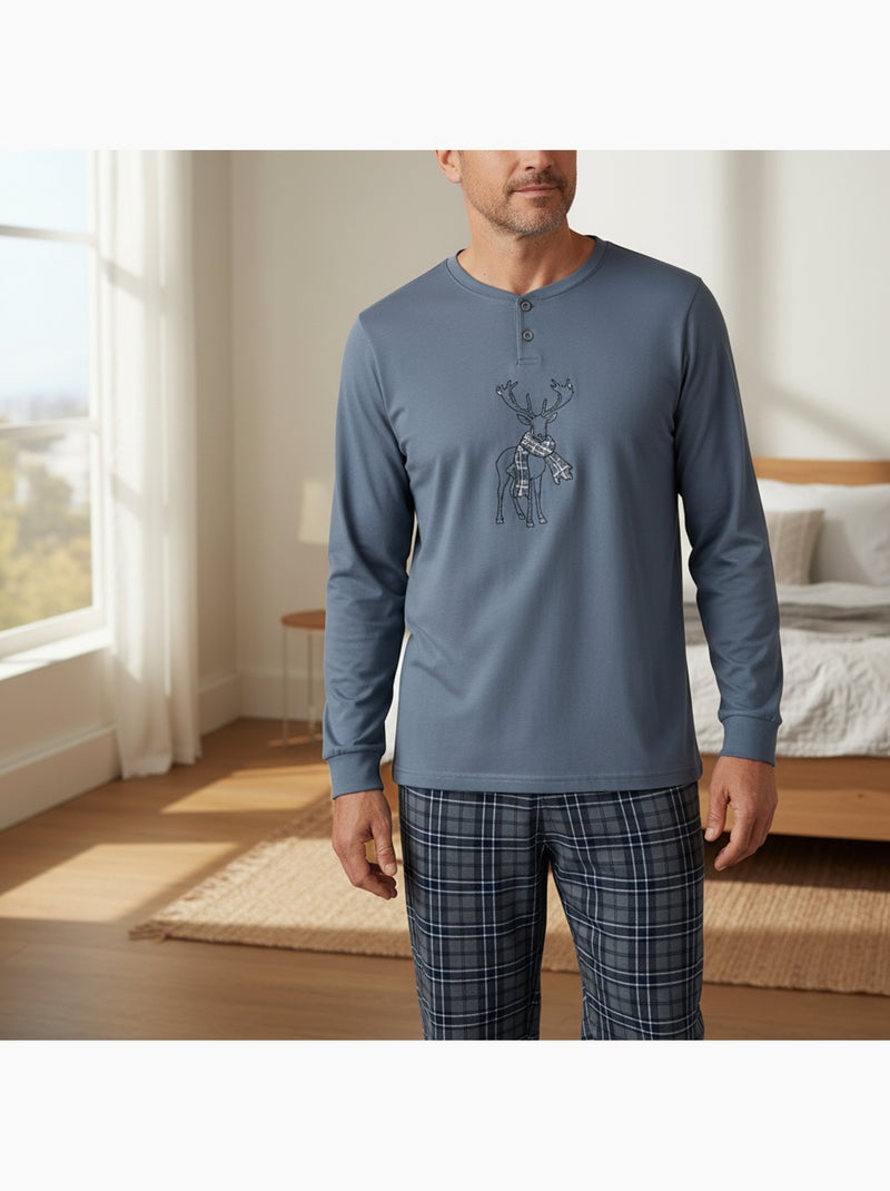Ozabi ensemble pyjama homme coton majoritaire broderie cerf écossais Bleu - Kiabi