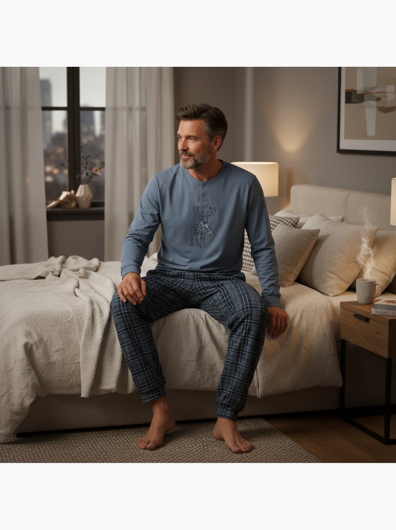 Ozabi ensemble pyjama homme coton majoritaire broderie cerf écossais Bleu - Kiabi