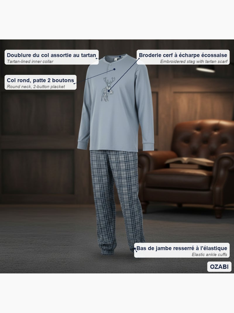 Ozabi ensemble pyjama homme coton majoritaire broderie cerf écossais Bleu - Kiabi
