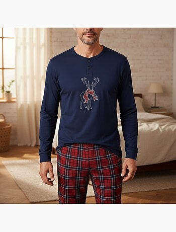 Ozabi ensemble pyjama homme coton majoritaire broderie cerf écossais
