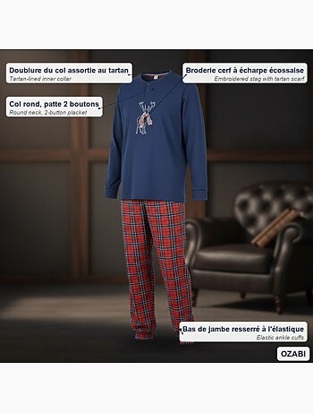 Ozabi ensemble pyjama homme coton majoritaire broderie cerf écossais