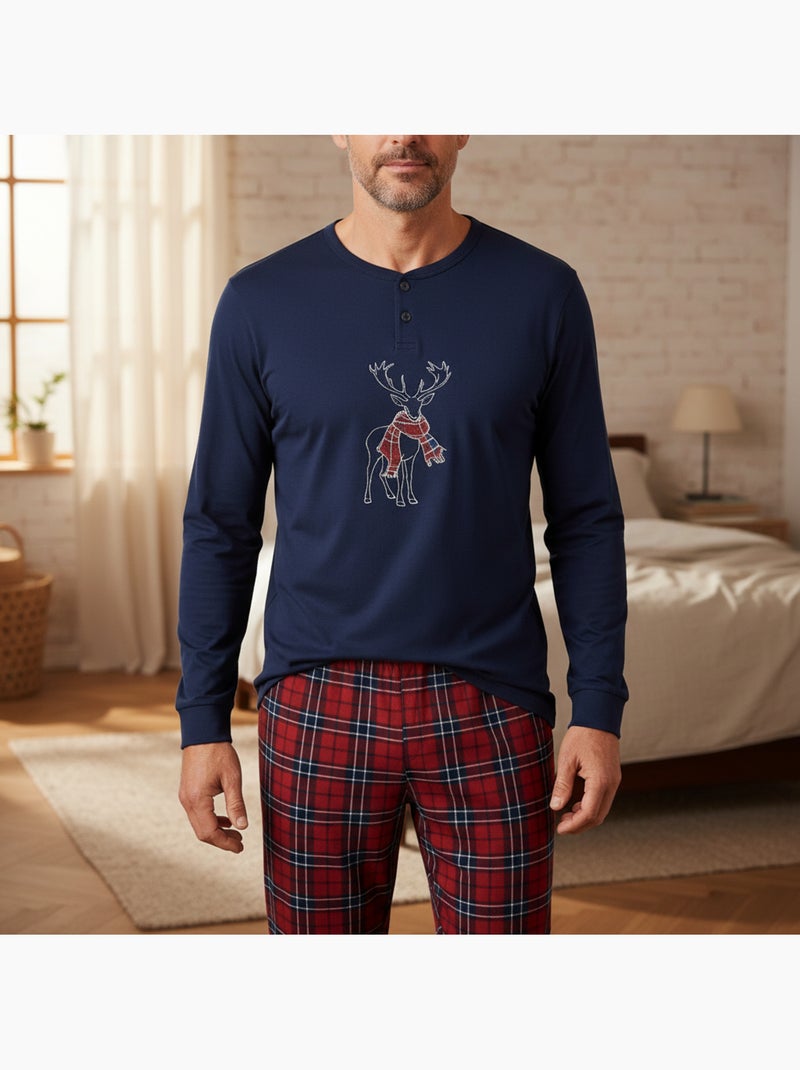 Ozabi ensemble pyjama homme coton majoritaire broderie cerf écossais Bleu marine - Kiabi