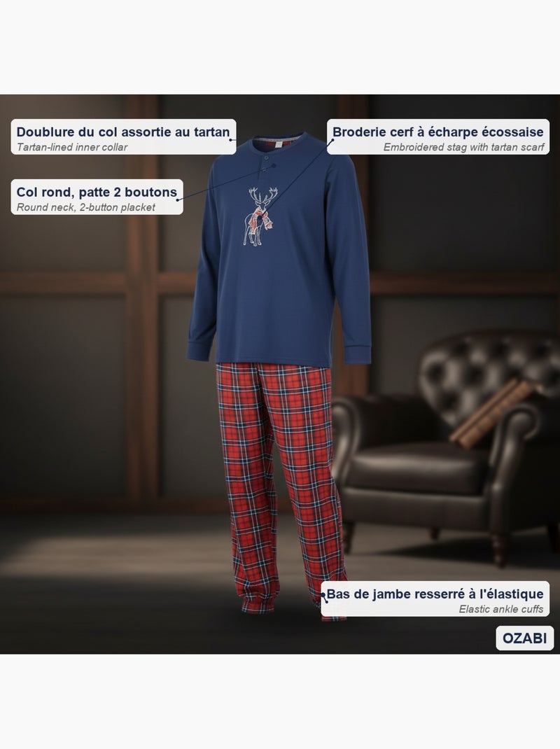 Ozabi ensemble pyjama homme coton majoritaire broderie cerf écossais Bleu marine - Kiabi