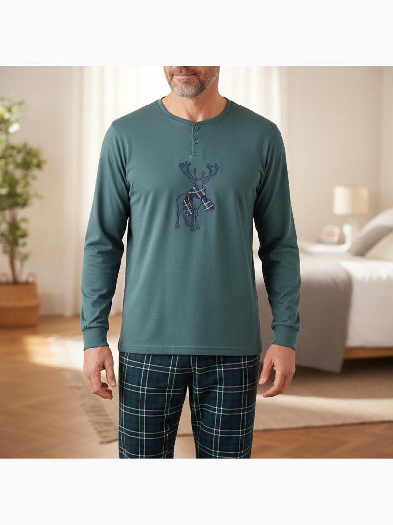 Ozabi ensemble pyjama homme coton majoritaire broderie cerf écossais Kaki - Kiabi
