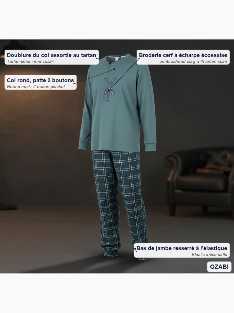 Ozabi ensemble pyjama homme coton majoritaire broderie cerf écossais Kaki - Kiabi