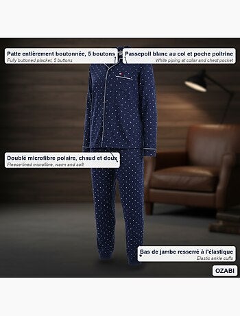 Ozabi ensemble pyjama homme doublé polaire boutonné petits pois