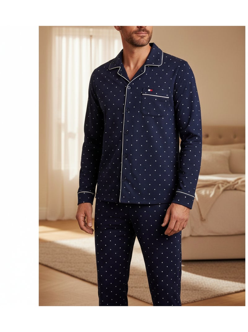 Ozabi ensemble pyjama homme doublé polaire boutonné petits pois Bleu marine - Kiabi