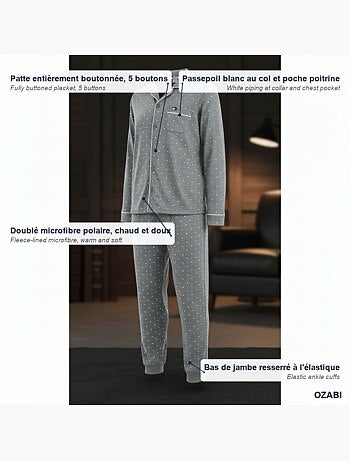 Ozabi ensemble pyjama homme doublé polaire boutonné petits pois