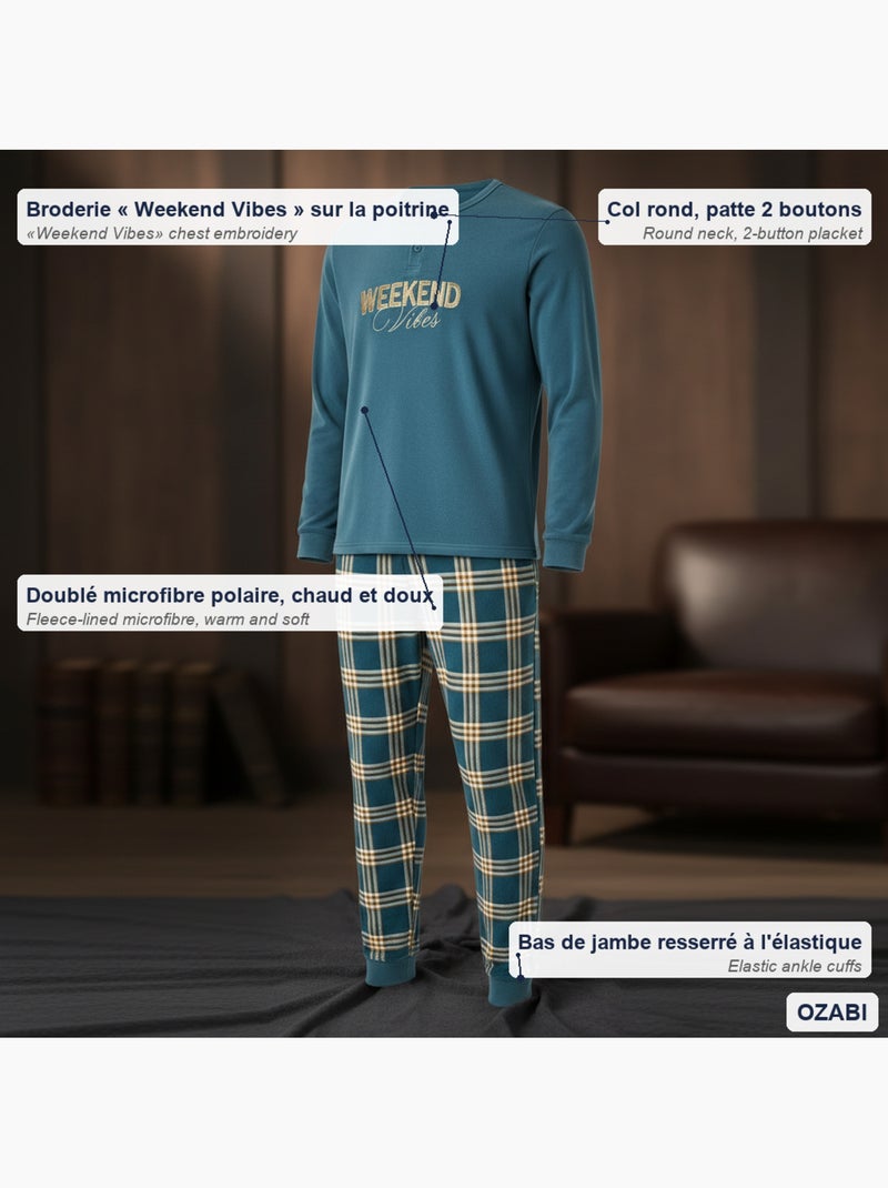 Ozabi ensemble pyjama homme doublé polaire broderie weekend vibes Bleu - Kiabi