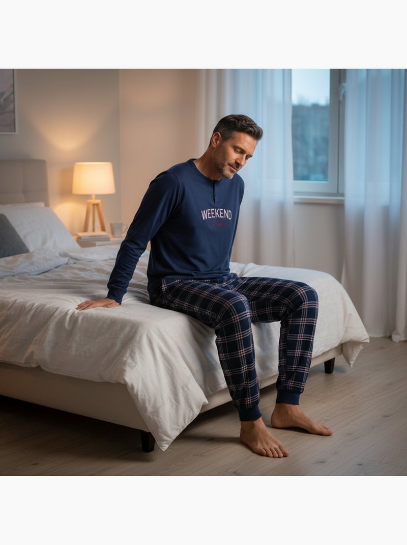 Ozabi ensemble pyjama homme doublé polaire broderie weekend vibes Bleu marine - Kiabi