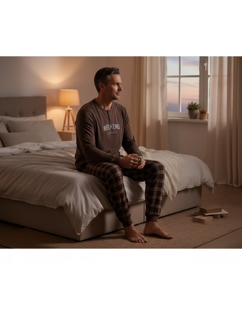Ozabi ensemble pyjama homme doublé polaire broderie weekend vibes Marron - Kiabi