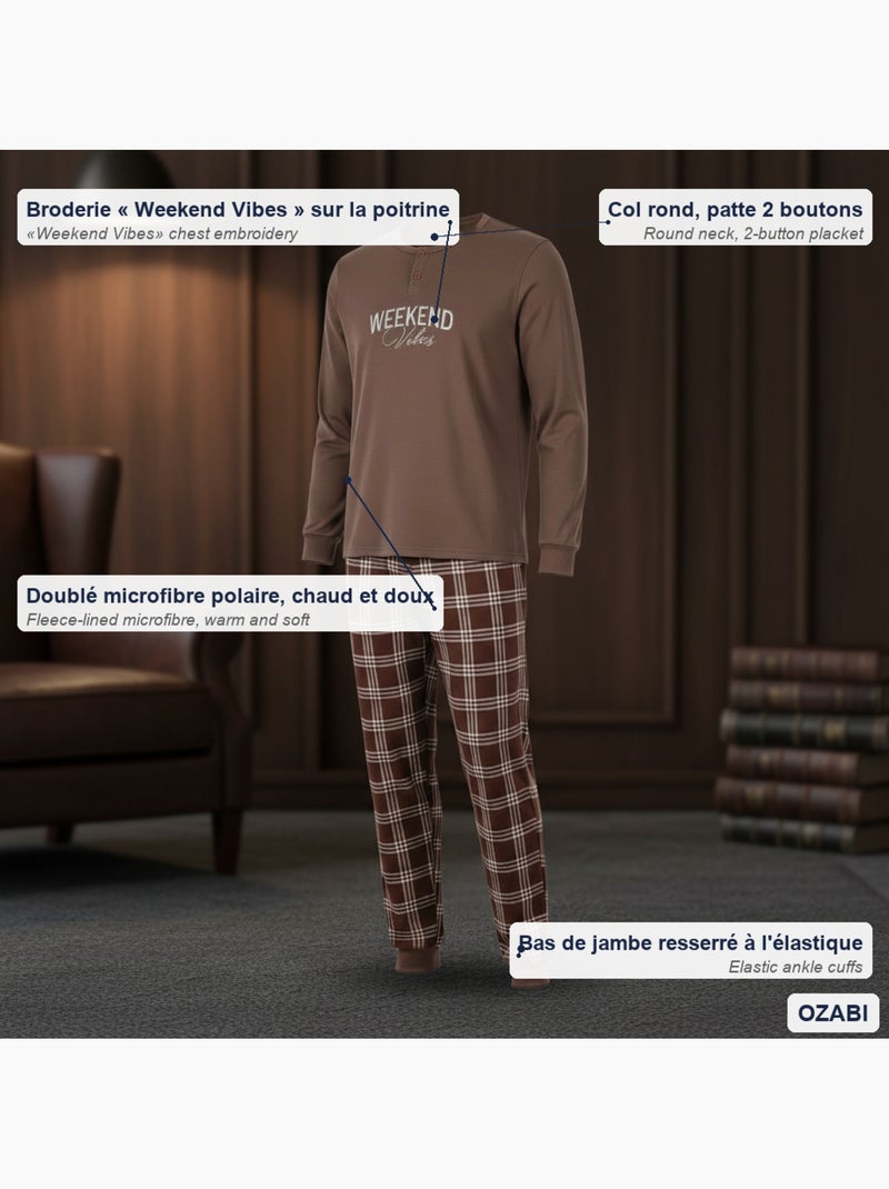 Ozabi ensemble pyjama homme doublé polaire broderie weekend vibes Marron - Kiabi