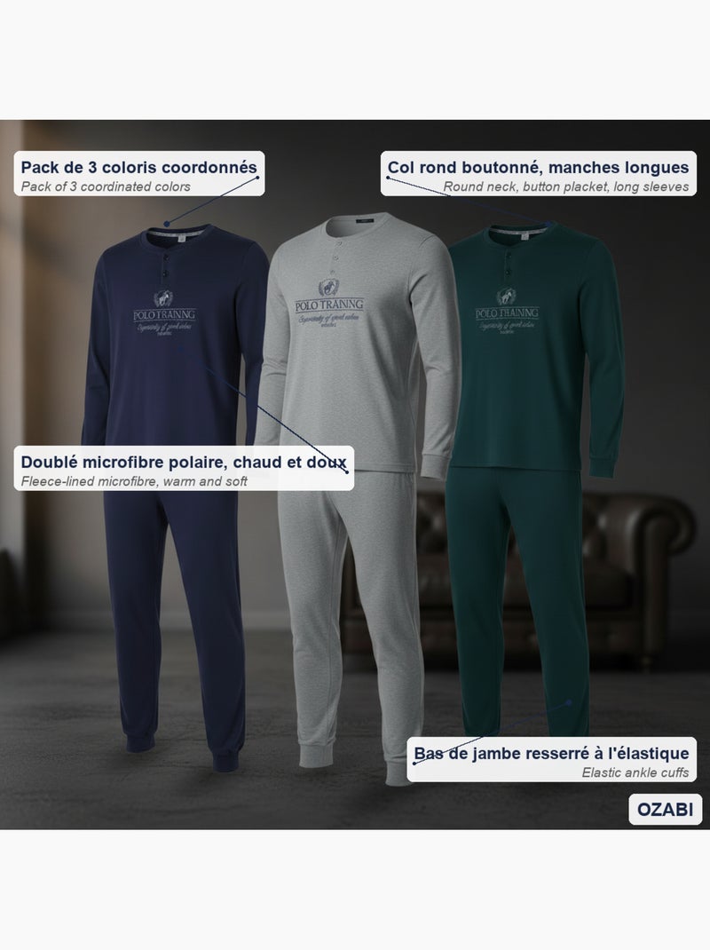 Ozabi ensemble pyjama homme doublé polaire pack de 3 coloris assortis Bleu Gris - Kiabi