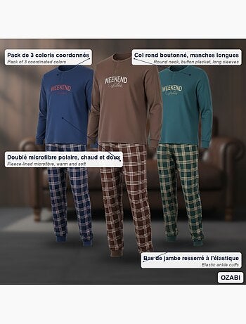 Ozabi ensemble pyjama homme doublé polaire pack de 3 coloris assortis