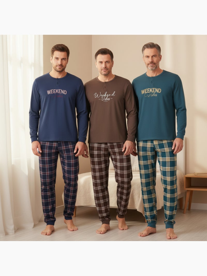 Ozabi ensemble pyjama homme doublé polaire pack de 3 coloris assortis Bleu Marron - Kiabi