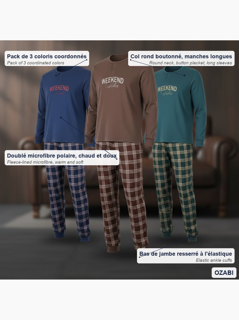 Ozabi ensemble pyjama homme doublé polaire pack de 3 coloris assortis Bleu Marron - Kiabi