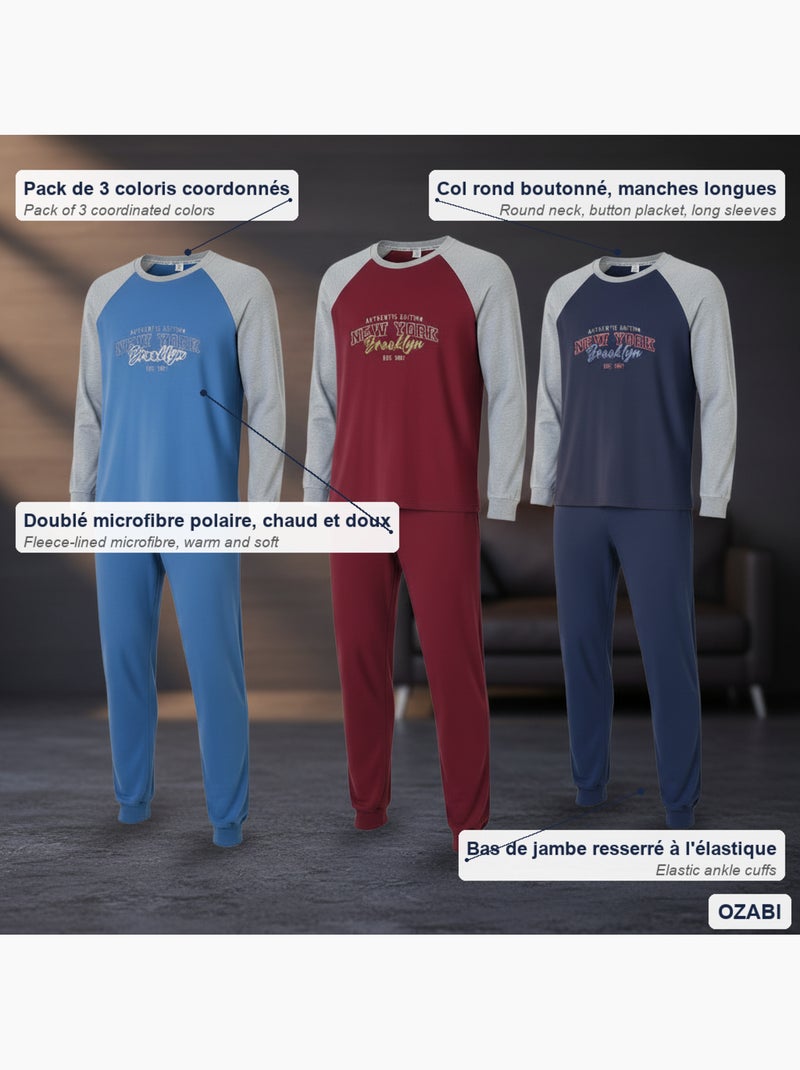 Ozabi ensemble pyjama homme doublé polaire pack de 3 coloris assortis Bleu Rouge - Kiabi