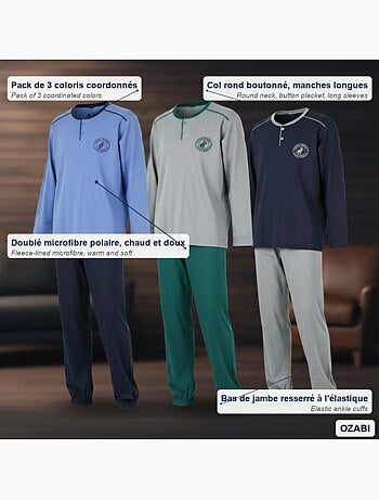 Ozabi ensemble pyjama homme doublé polaire pack de 3 coloris assortis