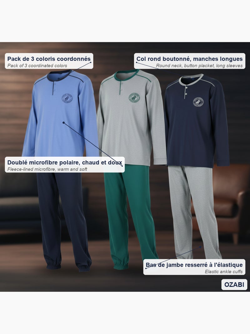 Ozabi ensemble pyjama homme doublé polaire pack de 3 coloris assortis Bleu Vert - Kiabi