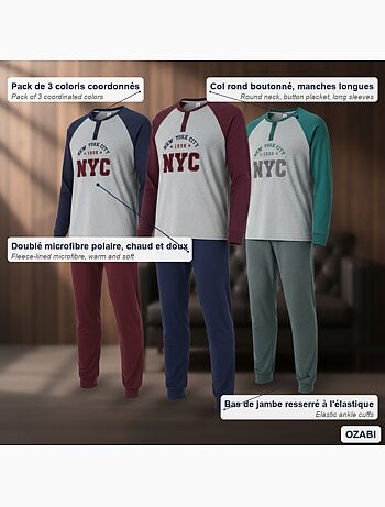 Ozabi ensemble pyjama homme doublé polaire pack de 3 coloris assortis