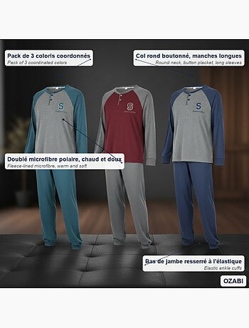 Ozabi ensemble pyjama homme doublé polaire pack de 3 coloris assortis