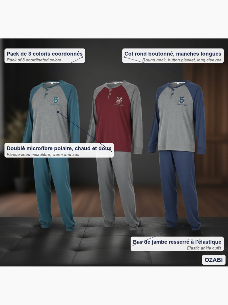 Ozabi ensemble pyjama homme doublé polaire pack de 3 coloris assortis Gris Vert - Kiabi