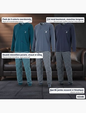 Ozabi ensemble pyjama homme doublé polaire pack de 3 coloris assortis