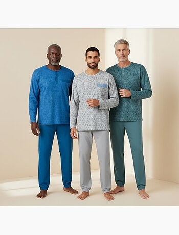 Ozabi ensemble pyjama homme long pack de 3, haut imprimé col boutonné