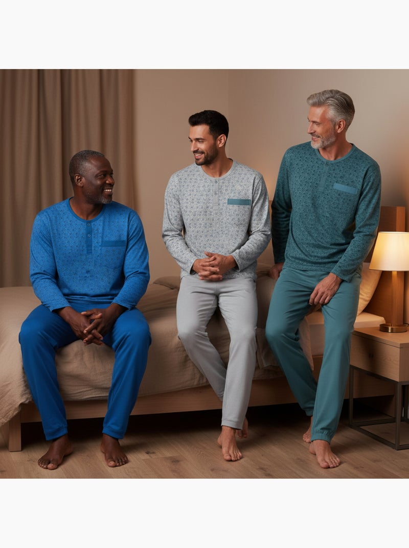 Ozabi ensemble pyjama homme long pack de 3, haut imprimé col boutonné Bleu Gris Bleu - Kiabi