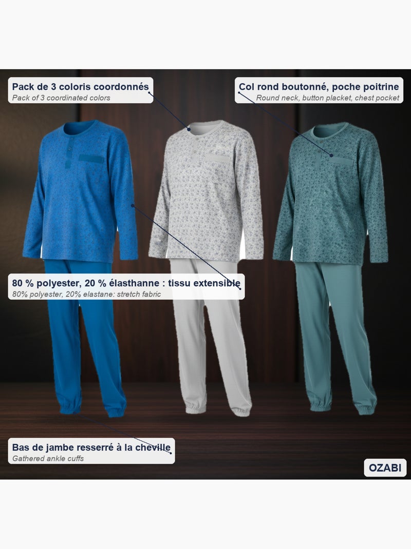Ozabi ensemble pyjama homme long pack de 3, haut imprimé col boutonné Bleu Gris Bleu - Kiabi