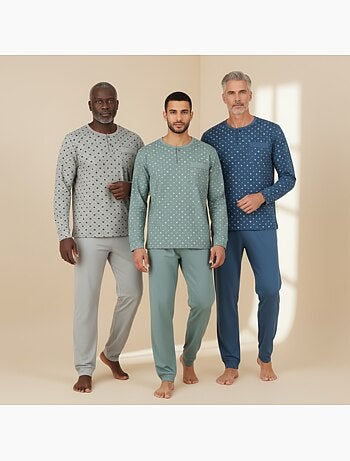 Ozabi ensemble pyjama homme long pack de 3, haut imprimé col boutonné