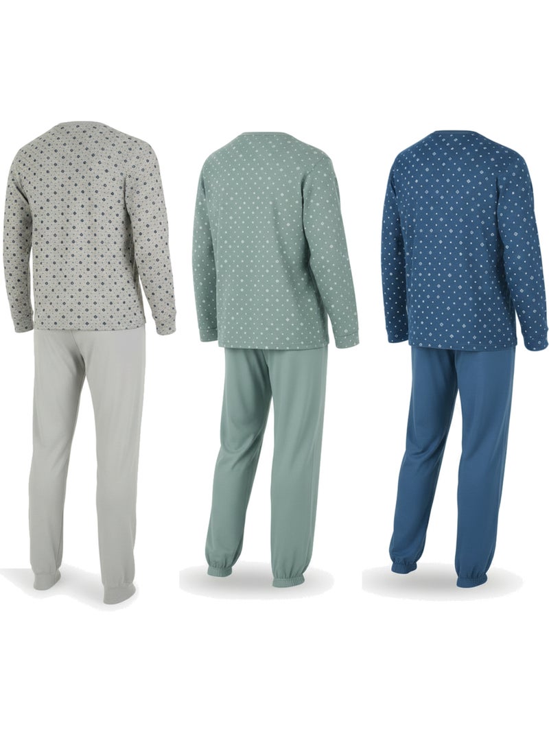 Ozabi ensemble pyjama homme long pack de 3, haut imprimé col boutonné Bleu Vert Gris - Kiabi