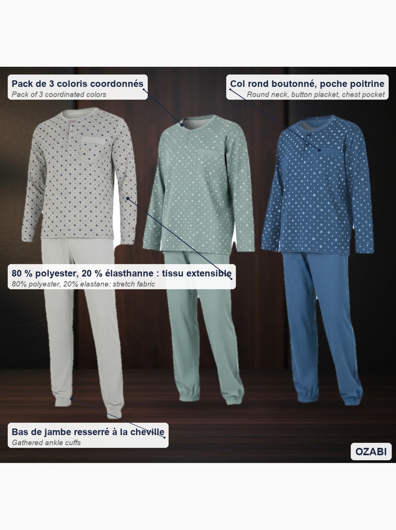 Ozabi ensemble pyjama homme long pack de 3, haut imprimé col boutonné Bleu Vert Gris - Kiabi