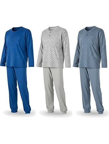 Ozabi ensemble pyjama homme long pack de 3, haut imprimé col boutonné