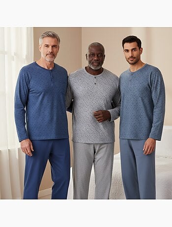 Ozabi ensemble pyjama homme long pack de 3, haut imprimé col boutonné