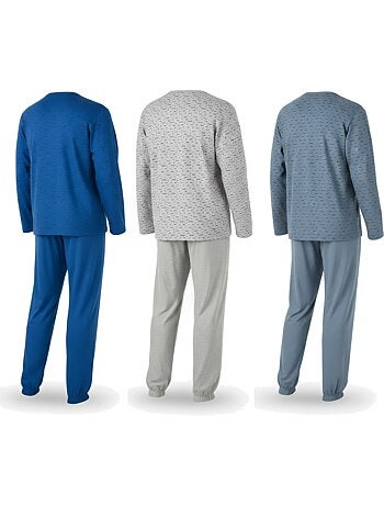 Ozabi ensemble pyjama homme long pack de 3, haut imprimé col boutonné