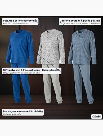 Ozabi ensemble pyjama homme long pack de 3, haut imprimé col boutonné