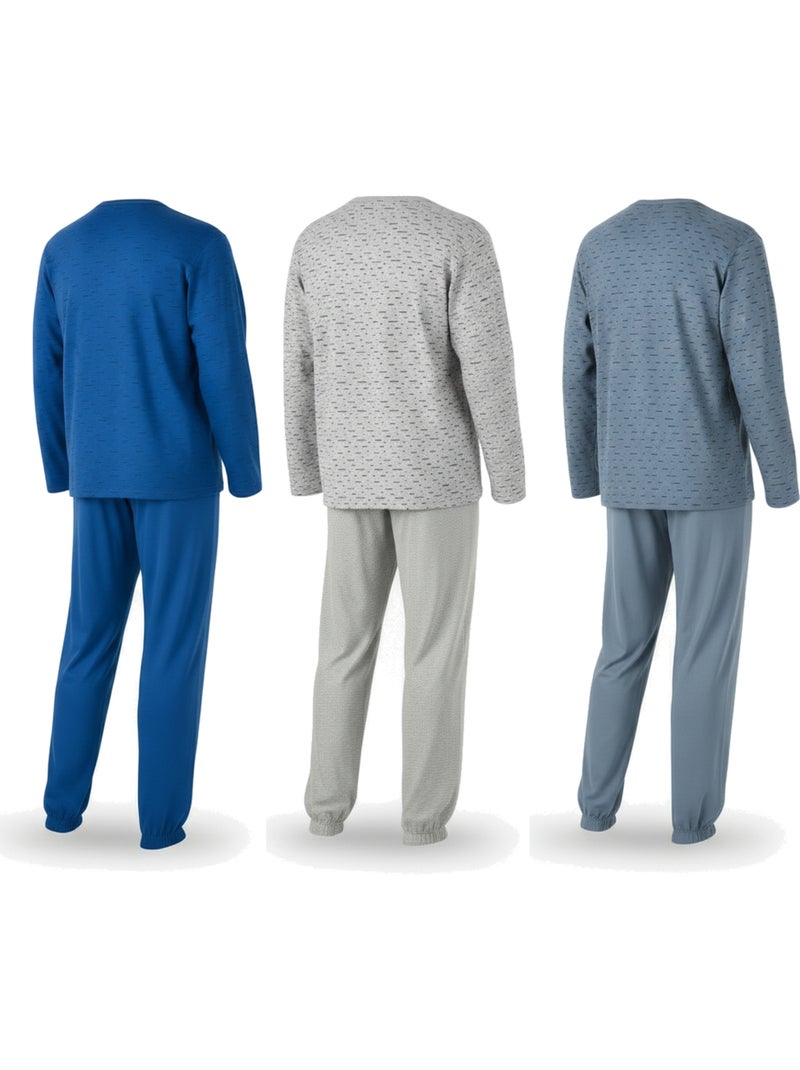 Ozabi ensemble pyjama homme long pack de 3, haut imprimé col boutonné Gris Bleu marine - Kiabi