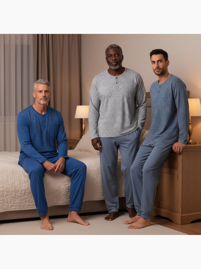 Ozabi ensemble pyjama homme long pack de 3, haut imprimé col boutonné Gris Bleu marine - Kiabi
