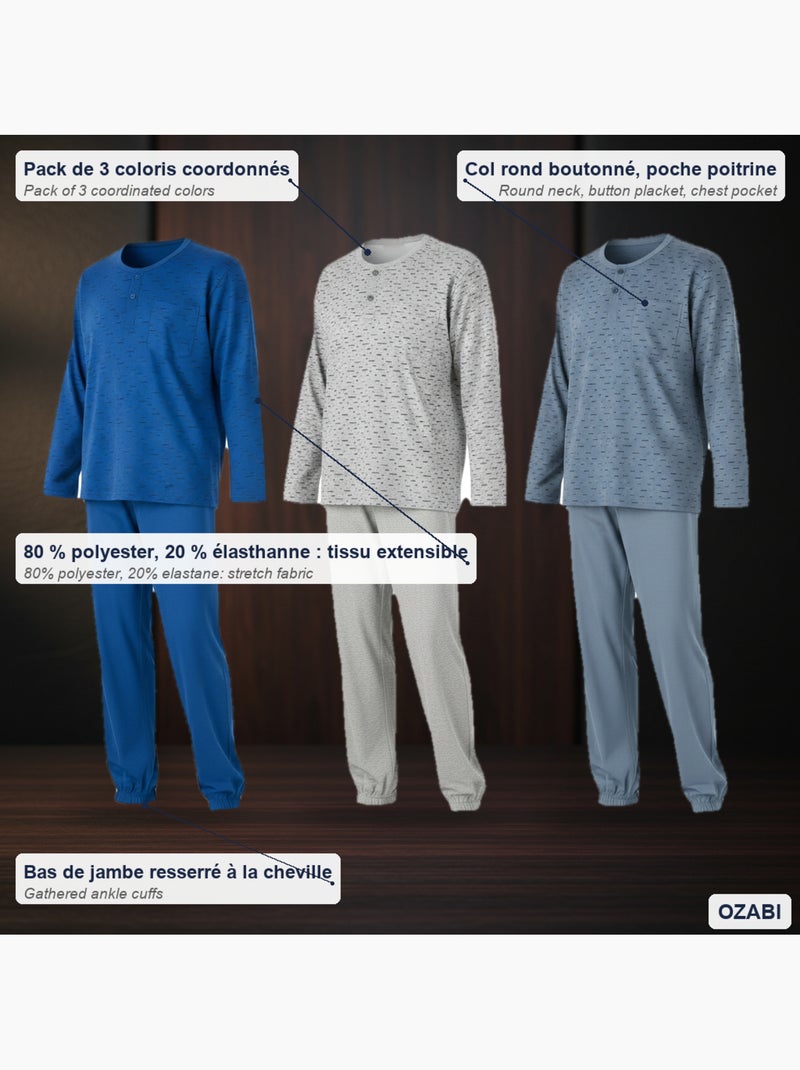 Ozabi ensemble pyjama homme long pack de 3, haut imprimé col boutonné Gris Bleu marine - Kiabi